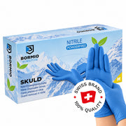 Bormio Sensitive Skuld, blaue Nitril-Einweghandschuhe, Box und Handschuhe mit Swiss-Brand-Button