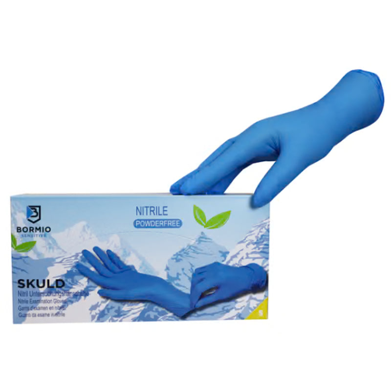 Bormio Sensitive Skuld, blaue Nitril-Einweghandschuhe, Originalansicht mit Verpackung