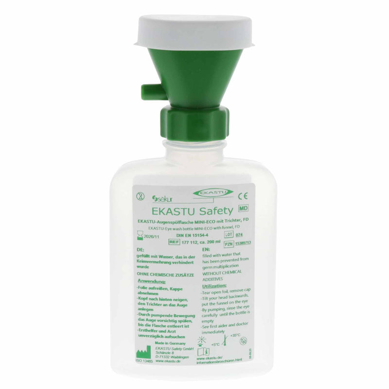 Augenspülflasche mit Trichter | 200 ml | anatomisch geformt | Medizinprodukt DIN EN 15154-4 | Ekastu Safety