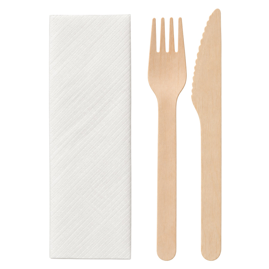 Besteckset 3-teilig Birkenholz | Messer, Gabel & Serviette | einzeln verpackt