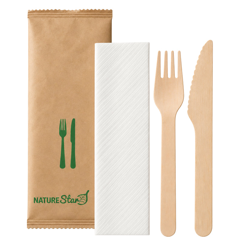 Besteckset 3-teilig Birkenholz | Messer, Gabel & Serviette | einzeln verpackt