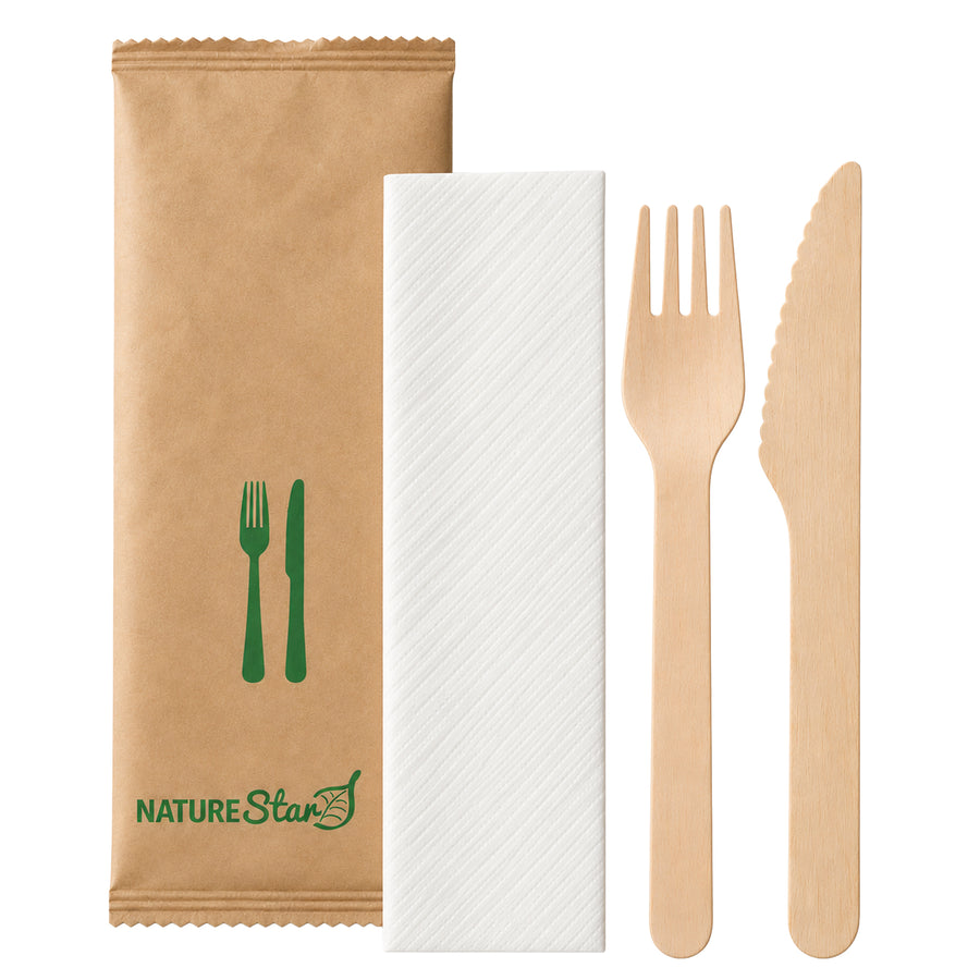 Besteckset 3-teilig Birkenholz | Messer, Gabel & Serviette | einzeln verpackt