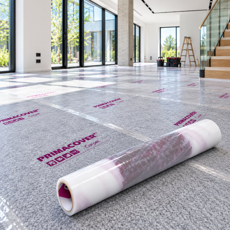 Teppich-Schutzfolie selbstklebend | 50 μm | 100 m | flüssigkeitsdicht | transparent | für Böden & Treppen