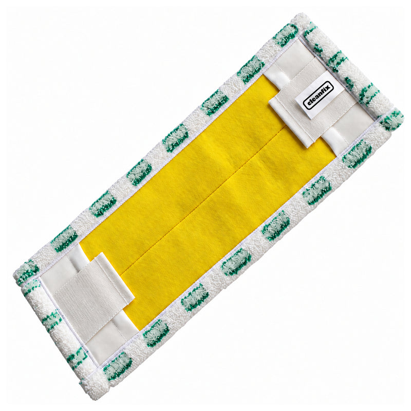 Cleanfix Mikrofaser-Flachmopp 50 cm, Rückseite mit Taschen, Laschen und Cleanfix-Etikett