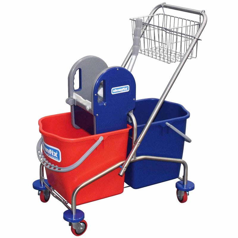 Moppwagen mit Mopp-Presse | 2 x 25 L | Metall-Gitterkorb | Doppelfahreimer | Cleanfix