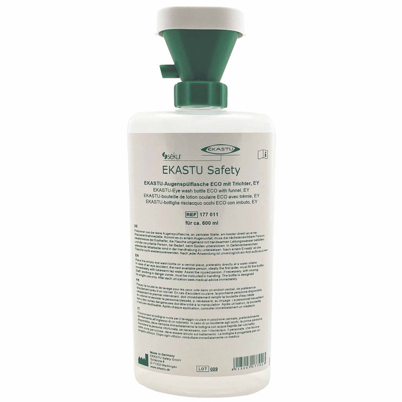 Augenspülflasche mit Trichter | 600 ml | anatomisch geformt | Medizinprodukt DIN EN 15154-4 | Ekastu Safety