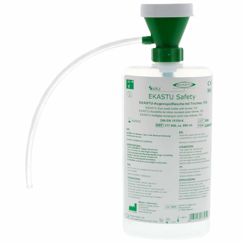 Augenspülflasche mit Trichter | 600 ml | anatomisch geformt | Medizinprodukt DIN EN 15154-4 | Ekastu Safety