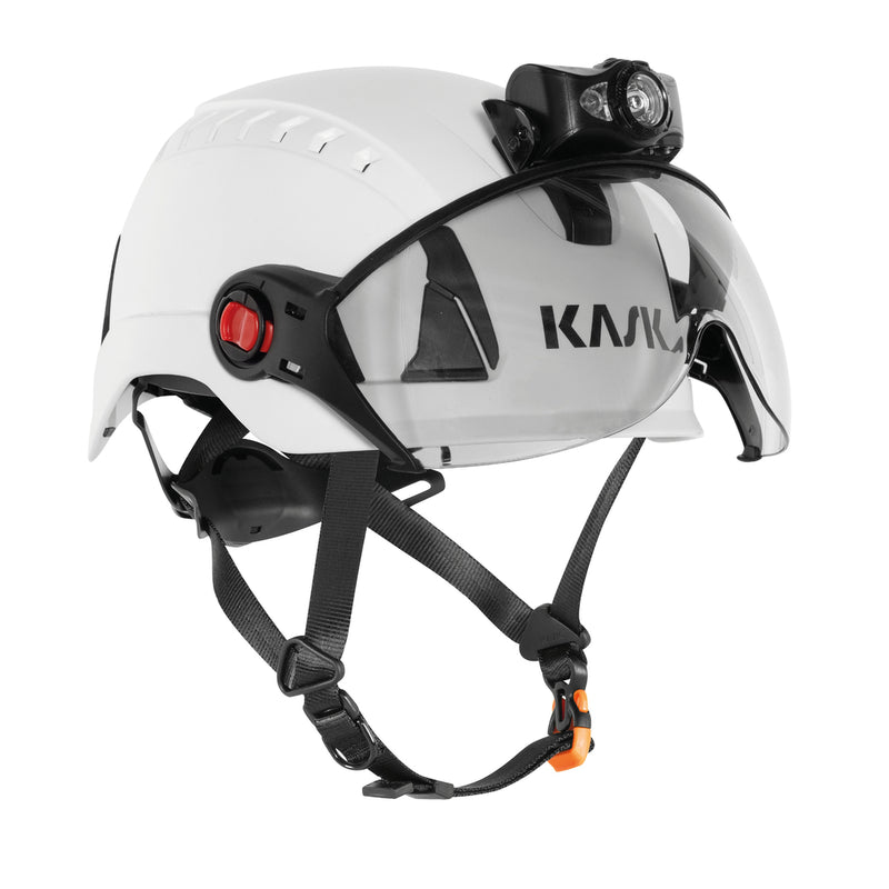 KASK Stirnlampe mit Überkopfband am Helm, Montagebeispiel