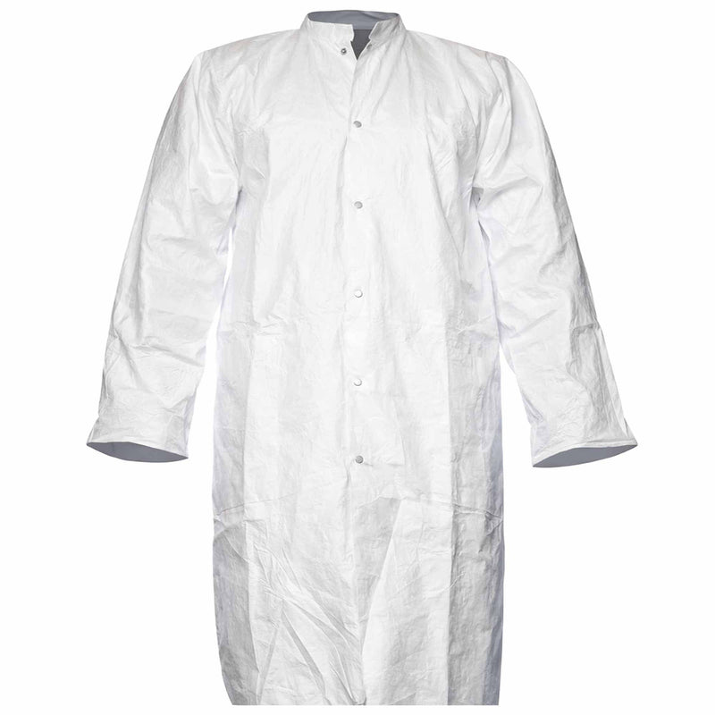 Einweg-Laborkittel Tyvek® 500 | Druckknöpfe & Taschen | antibaktieriell | mit Gummizug | Chemikalienschutz Typ 6-B | Kat III | antistatisch
