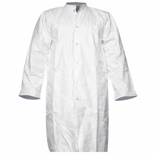 Einweg-Laborkittel Tyvek® 500 | Druckknöpfe & Taschen | antibaktieriell | mit Gummizug | Chemikalienschutz Typ 6-B | Kat III | antistatisch