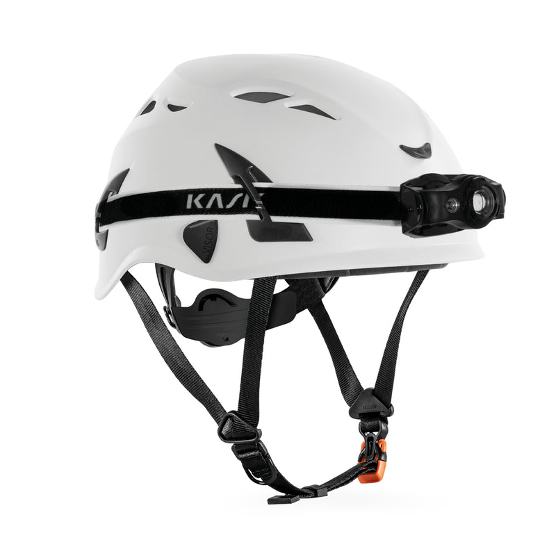 KASK KL-1 Stirnlampe mit umlaufendem Kopfband am Schutzhelm, Montagebeispiel