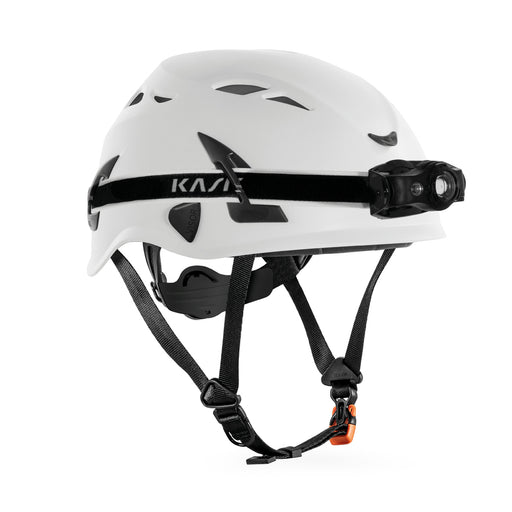 KASK KL-1 Stirnlampe mit umlaufendem Kopfband am Schutzhelm, Montagebeispiel