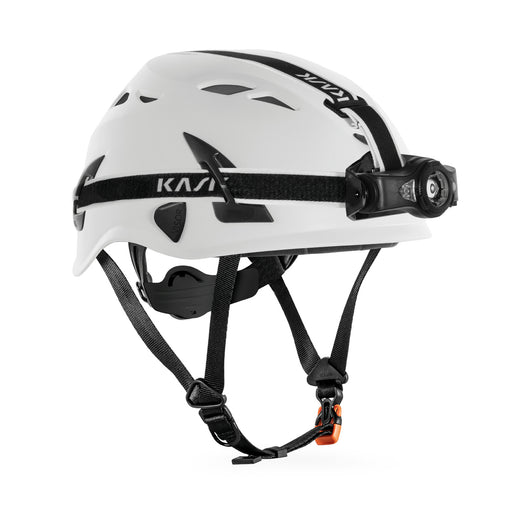 KASK KL-2 Stirnlampe mit umlaufendem Kopfband am Schutzhelm, Montagebeispiel