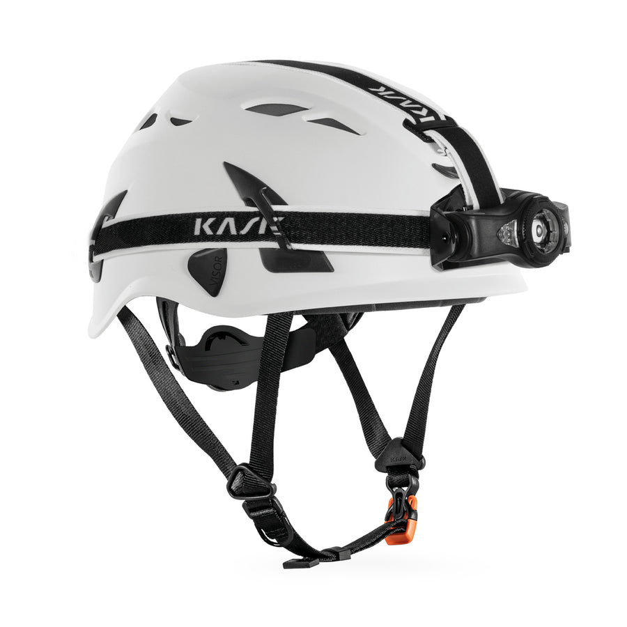 KASK KL-3 Stirnlampe mit umlaufendem Kopfband am Schutzhelm, Montagebeispiel