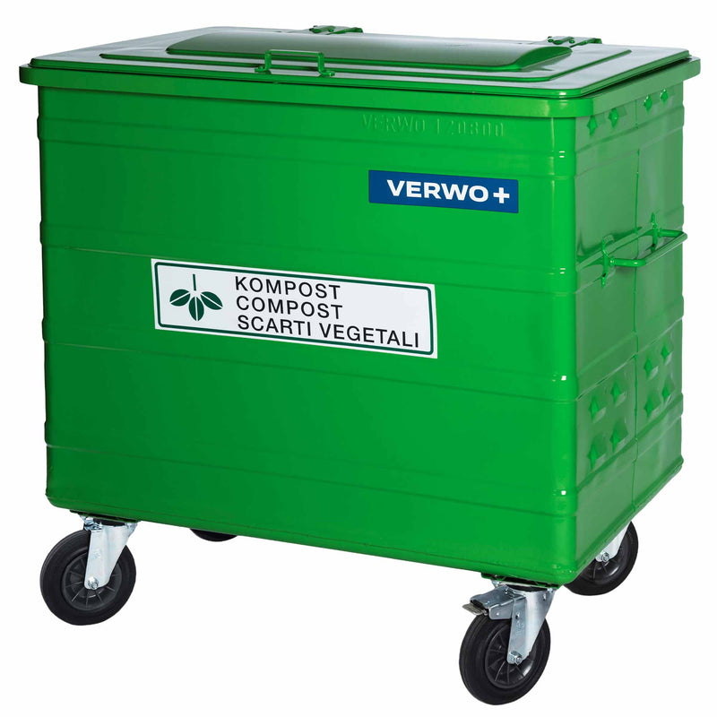 Kompost-Stahlcontainer 800 Liter | DE, FR, IT | mit Belüftungsschlitzen | bis 400 kg | vier Lenkrollen | mit Bremse | VERWO