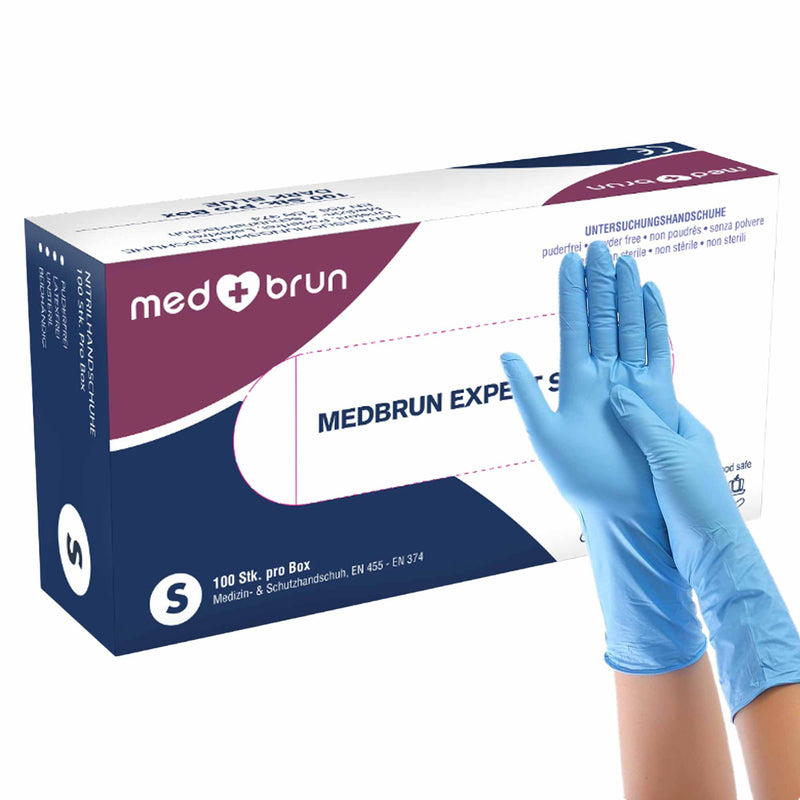 Nitrilhandschuhe Extra Lang | Blau | latex- & puderfrei | mikrogeraute Fingerspitzen | Medbrun Expert