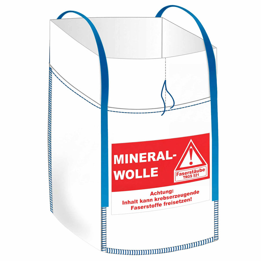 Mineralwolle Big-Bag | TRGS 521 | 90 x 90 x 120 cm | 250 kg | SF 5:1 | 4 Hebeschlaufen | Einfüllschürze