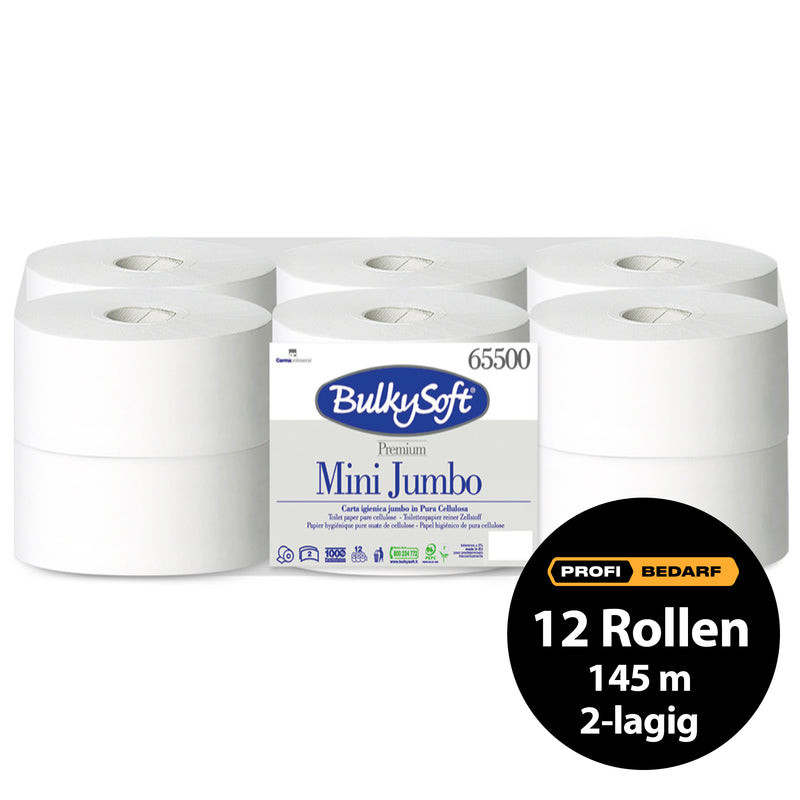 Toilettenpapier Mini Jumborollen | 145 m | 2-lagig | schnell auflösend | 100% Zellstoff | BulkySoft® Premium