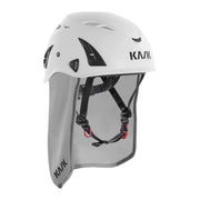 KASK Plasma Nackenschutz in Grau am Schutzhelm, Montagebeispiel ohne Gehörschutz