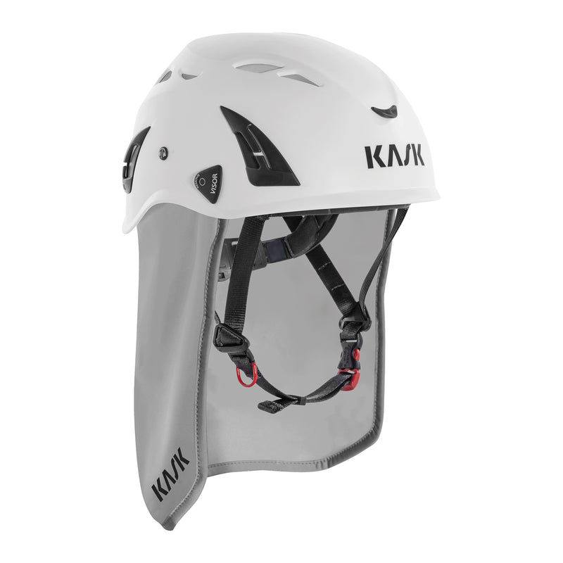 KASK Plasma Nackenschutz in Grau am Schutzhelm, Montagebeispiel ohne Gehörschutz