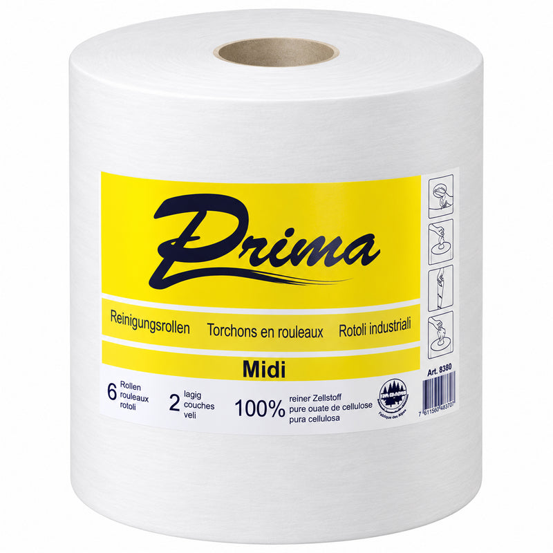 Putztuchrolle Midi | 2-lagig | 162 m x 24 cm | ø 20 cm | 100% Zellstoff | Weiss | Prima