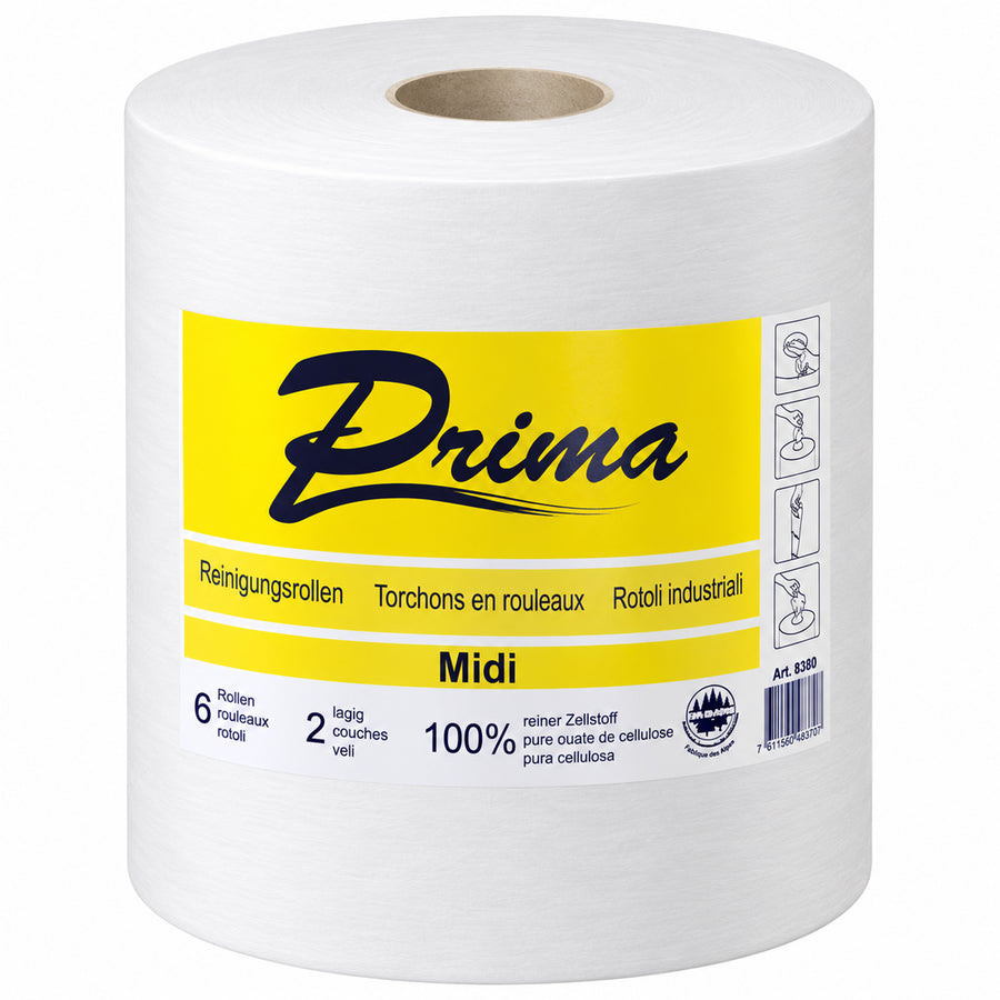 Putztuchrolle Midi | 2-lagig | 162 m x 24 cm | ø 20 cm | 100% Zellstoff | Weiss | Prima