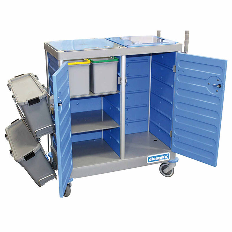 System-Reinigungswagen H | 2 x 20 L | 120 L Abfalleinheit | abschliessbar | Mopp-Stütze | Doppel-Stielhalter | Cleanfix