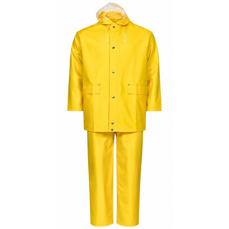 Regenkombi PVC/Polyester | Kapuze, Jackentaschen, Metertasche | wind- & wasserdicht | Gummizug | EN 343 Klasse 3/1