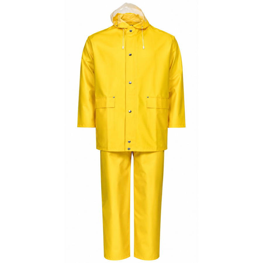 Regenkombi PVC/Polyester | Kapuze, Jackentaschen, Metertasche | wind- & wasserdicht | Gummizug | EN 343 Klasse 3/1