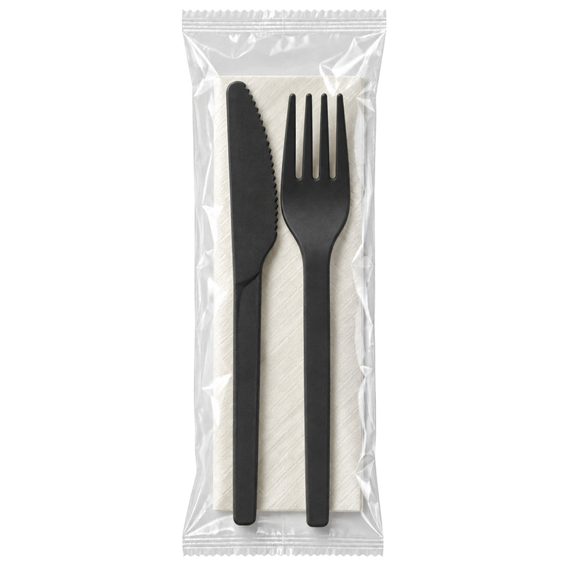 Besteckset Bio-Kunststoff Schwarz | Messer, Gabel & Serviette | einzeln verpackt