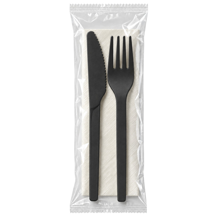 Besteckset Bio-Kunststoff Schwarz | Messer, Gabel & Serviette | einzeln verpackt