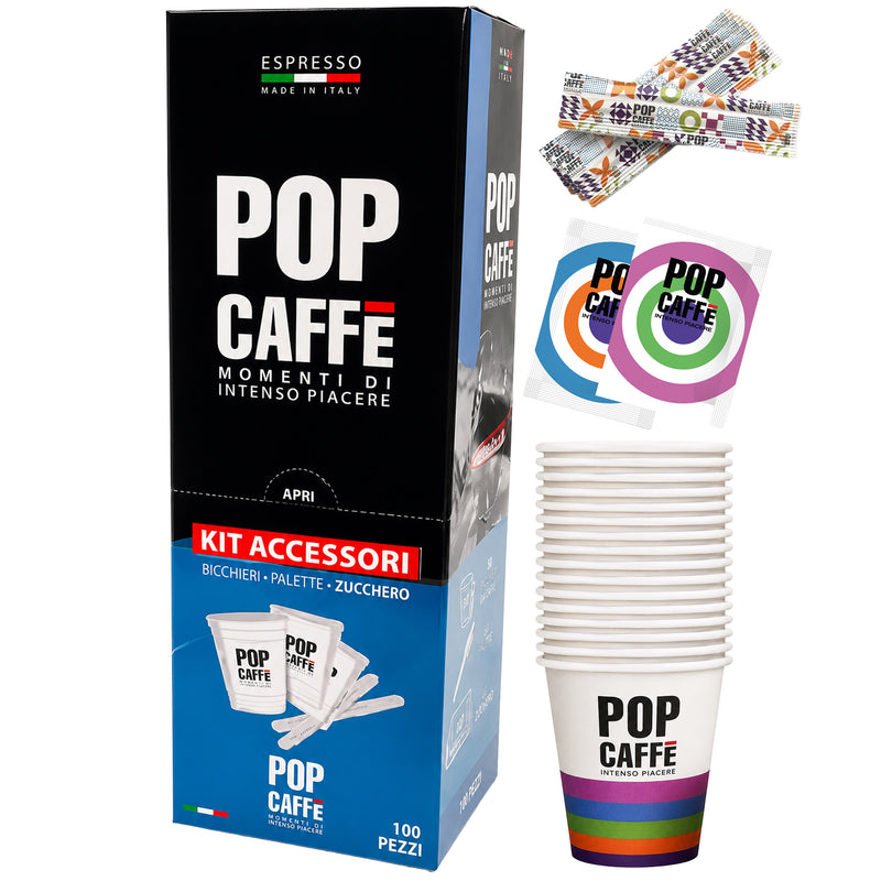 Espresso-Set | 80 ml Becher, Holz-Rührstäbchen, Zuckerbeutel | POP Caffè