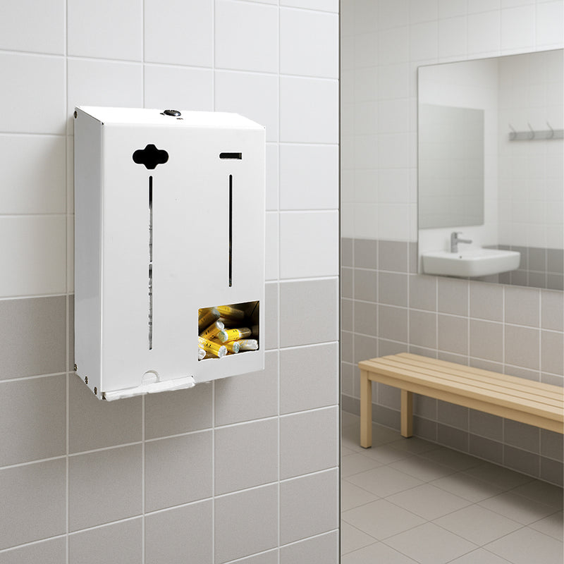 Tampon- & Bindenspender | Edelstahl Weiss | 150 Tampons & 100 Binden | für Wandmontage | abschliessbar
