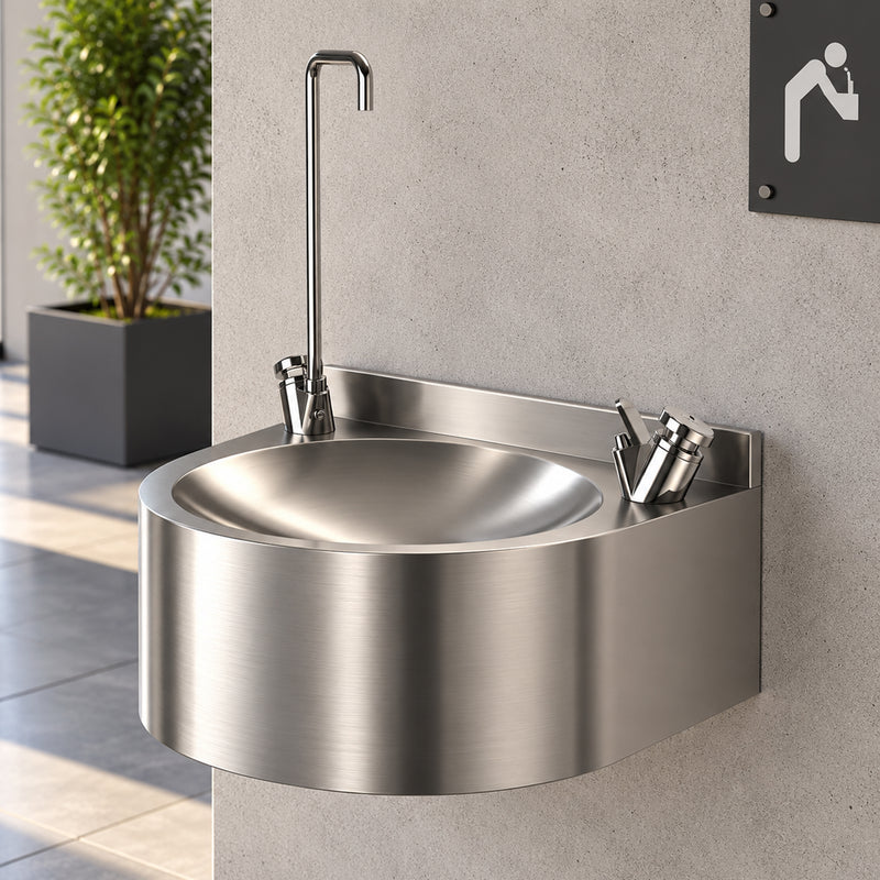Trinkbrunnen Edelstahl | Ø 350 mm | mit Flaschenfüller | Wandmontage | selbstschliessender Trinksprudler | unten offen
