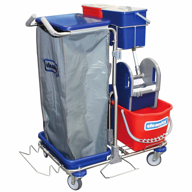 Reinigungswagen | Mopp-Presse | 2 x 15 L | 2 x 6 l | Abfalleinheit | Metall-Gitterkorb | Cleanfix